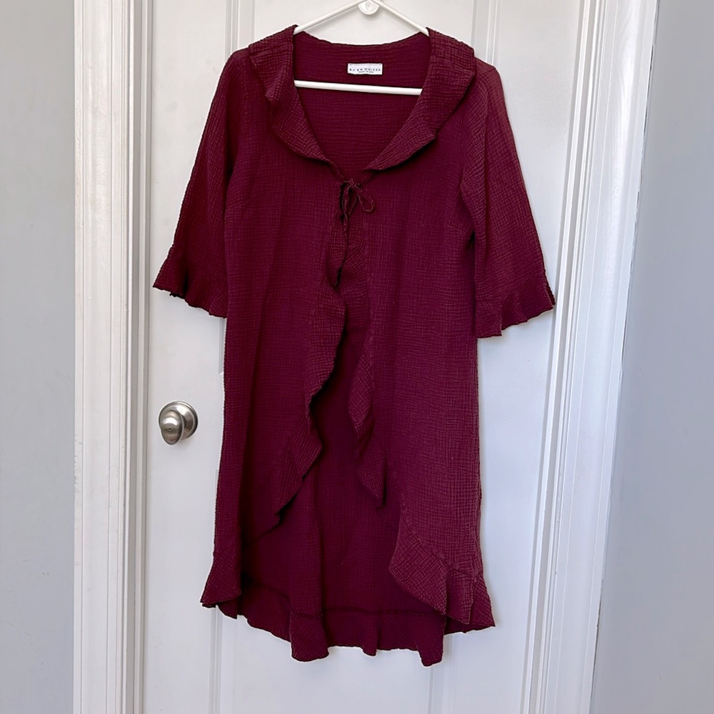 Bryn Walker women small tie front long duster cardigan cotton gauze maroon USA